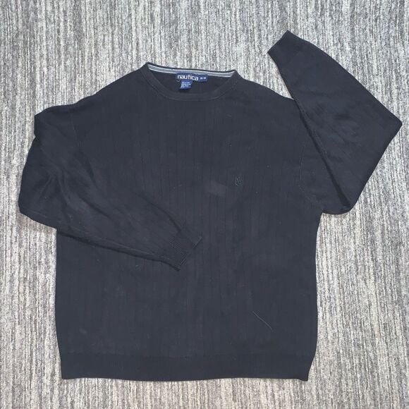 Nautica Mens Size Medium Pullover Sweater Navy Black Ribbed 100% Cotton Crewneck - Picture 1 of 6